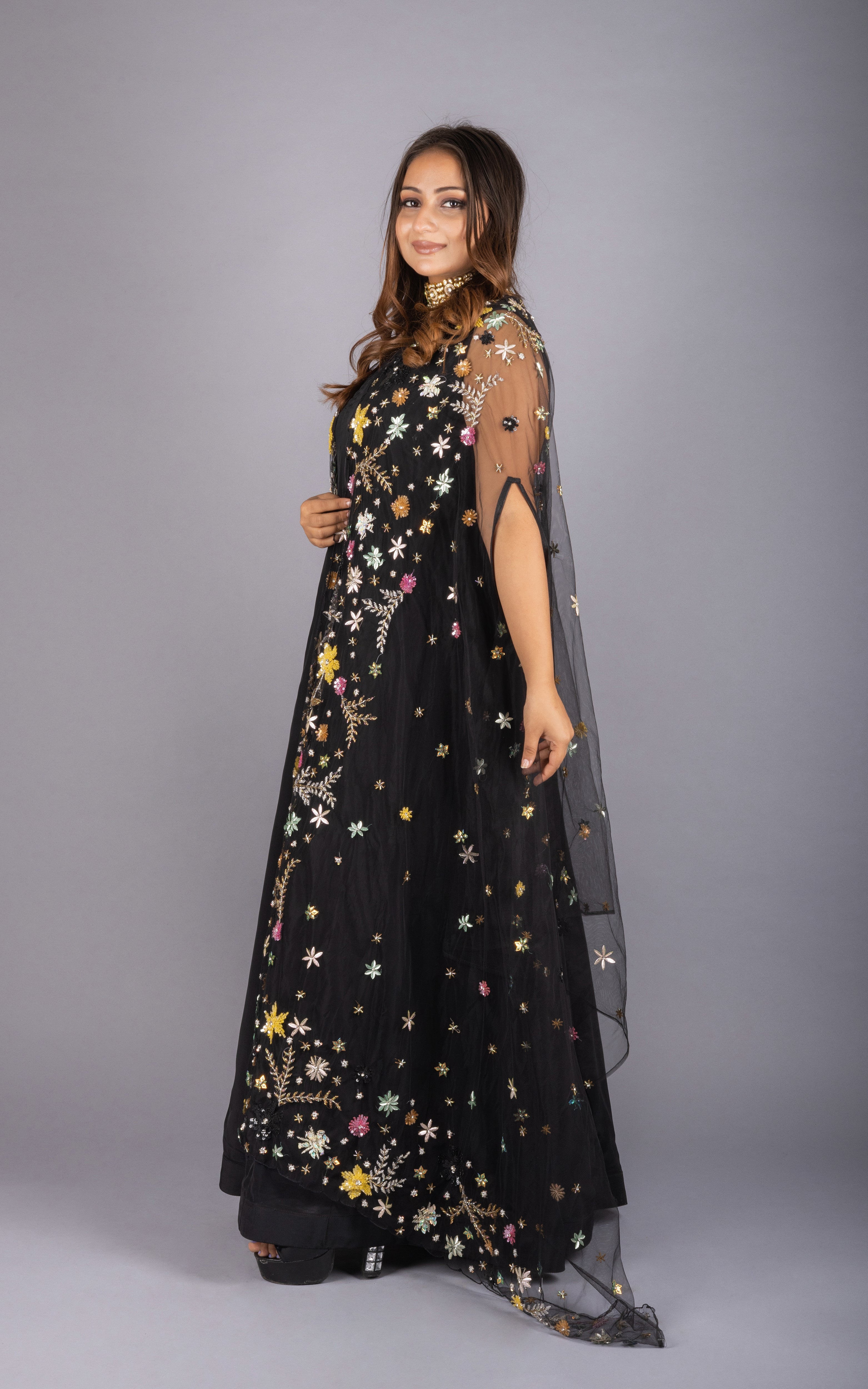 Black Silk Satin & Net Gown With Cape Design by Rashi Kapoor at Pernia's  Pop Up Shop 2024
